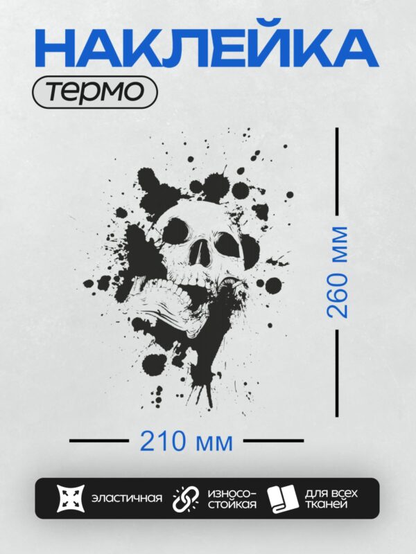 Термонаклейка на одежду DTF / Черно-белый череп, окруженный абстрактными кляксами.