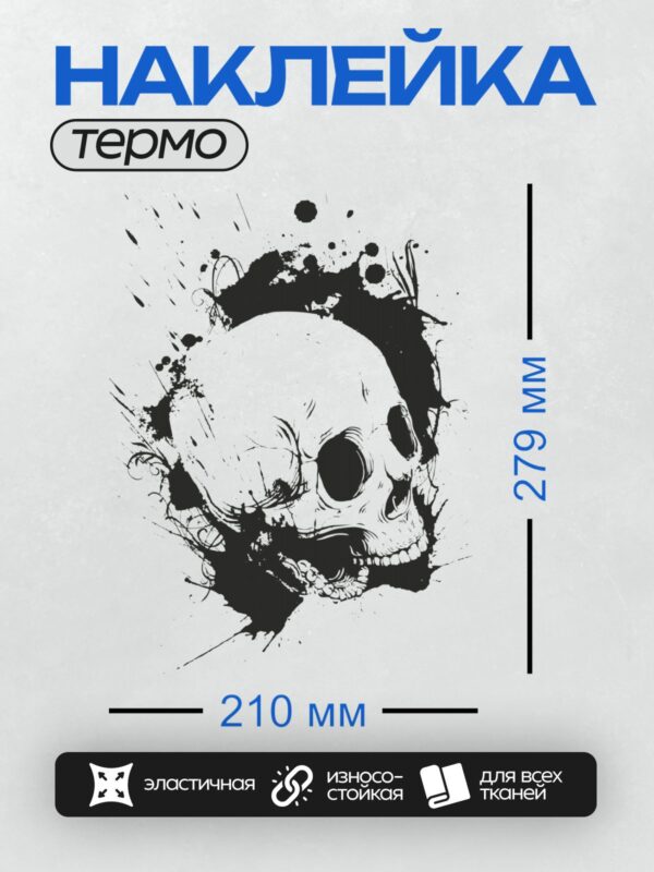 Термонаклейка на одежду DTF / Стилизованный череп с черными брызгами краски.