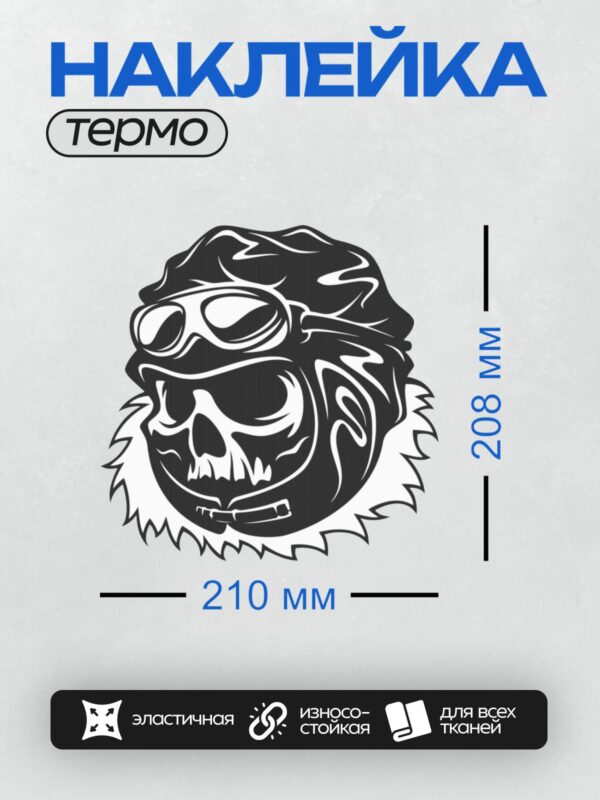 Термонаклейка на одежду DTF / Череп в шлеме с очками в трайбл-стиле.