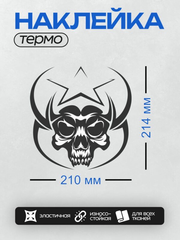 Термонаклейка на одежду DTF / Стилизованный череп с рогами и звездой, черно-белый.