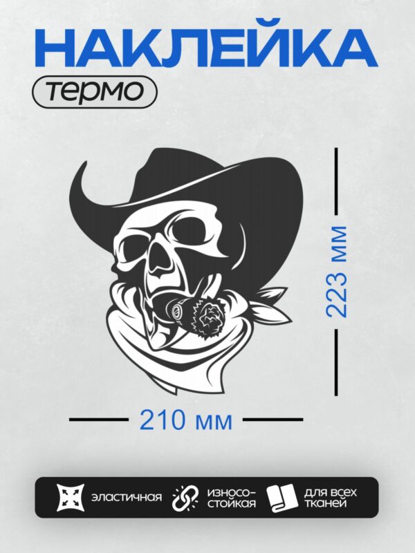 Термонаклейка на одежду DTF / Череп в ковбойской шляпе, с сигарой и розой.