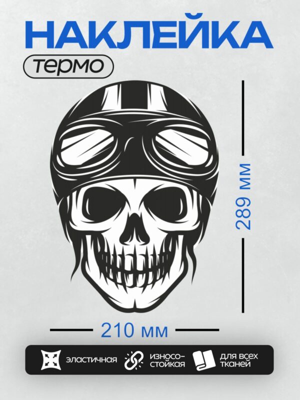Термонаклейка на одежду DTF / Череп в шлеме с очками, черно-белый стиль.