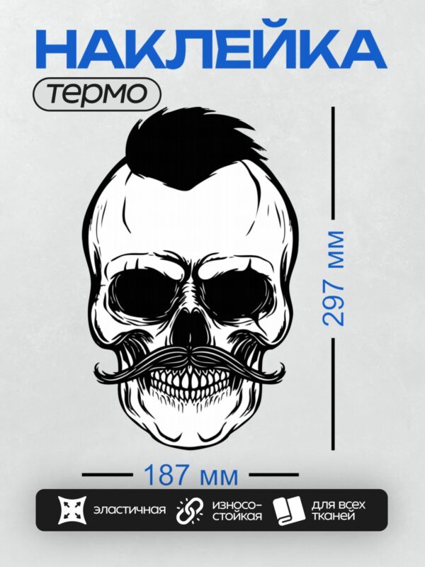 Термонаклейка на одежду DTF / Череп с усами и ирокезом, стилизованный, черно-белый.