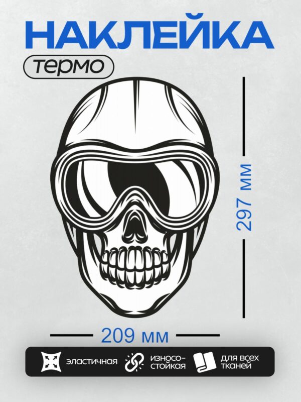 Термонаклейка на одежду DTF / Череп в шлеме и очках, стилизованный под байкера.