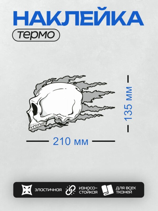Термонаклейка на одежду DTF / Стилизованный череп с усами, окружённый дымом.