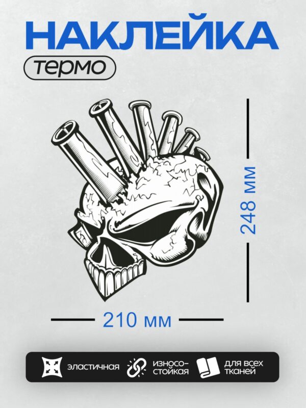 Термонаклейка на одежду DTF / Череп с пробитыми пробирками, стилизованный рисунок.
