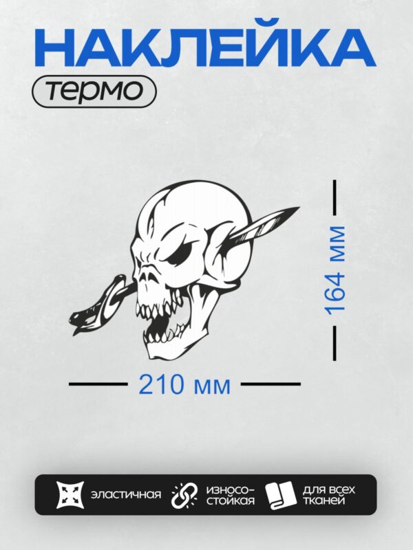 Термонаклейка на одежду DTF / Стилизованный череп с усами и пламенем сверху.