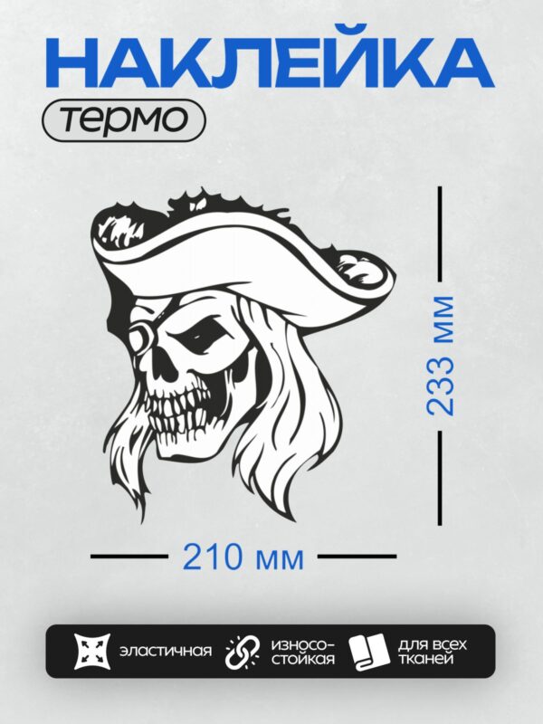 Термонаклейка на одежду DTF / Стилизованный череп пирата в треуголке, черно-белый арт.