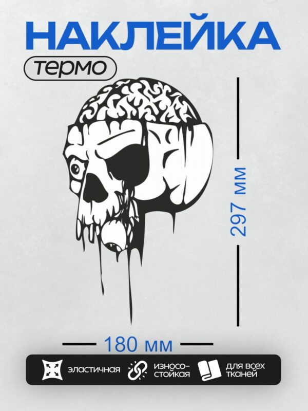 Термонаклейка на одежду DTF / Черно-белый стилизованный череп с мозгом внутри.