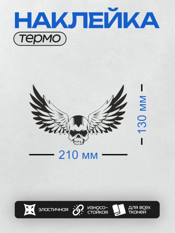 Термонаклейка на одежду DTF / Стилизованный череп с крыльями, черный и белый цвета.