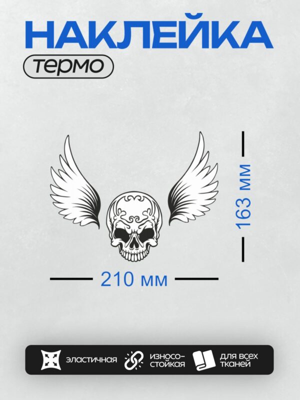 Термонаклейка на одежду DTF / Стилизованный череп с крыльями и абстрактным узором.