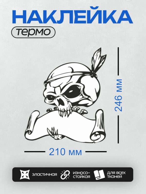 Термонаклейка на одежду DTF / Стилизованный череп с пером в повязке и свитком.