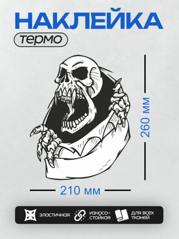 Термонаклейка на одежду DTF / Стилизованный череп в шлеме викинга, черно-белый арт.