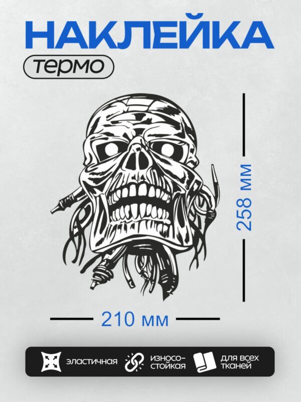 Термонаклейка на одежду DTF / Стилизованный череп в шлеме викинга, черно-белый арт.