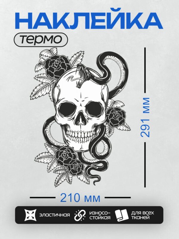 Термонаклейка на одежду DTF / Череп с рогами, змея, розы, черно-белый арт.