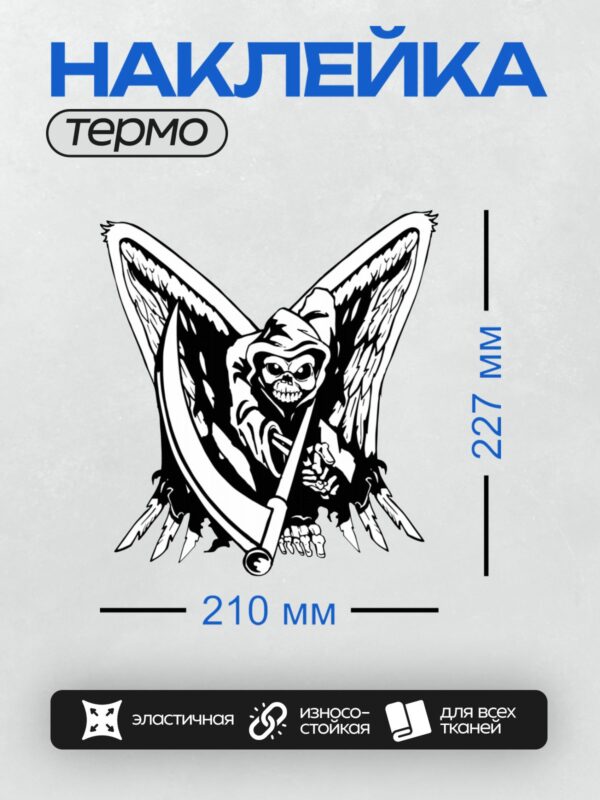 Термонаклейка на одежду DTF / Череп в капюшоне с крыльями, черно-белый стиль.