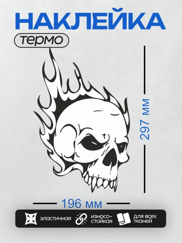 Термонаклейка на одежду DTF / Череп в огне, стилизованный черно-белый арт.