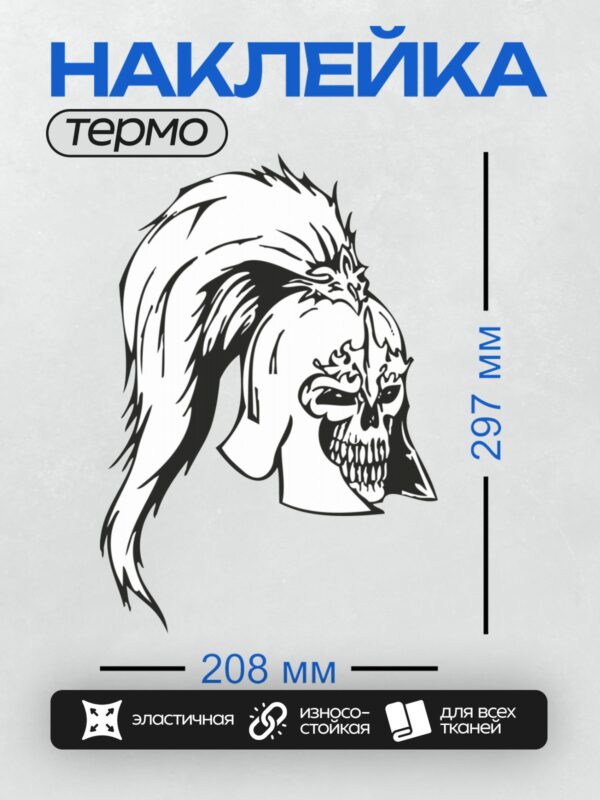 Термонаклейка на одежду DTF / Черно-белый арт: череп в шлеме спартанца с пламенем.