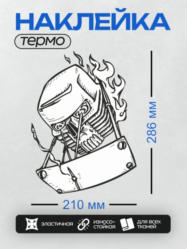 Термонаклейка на одежду DTF / Череп в шлеме, окружённый пламенем, чёрно-белый стиль.