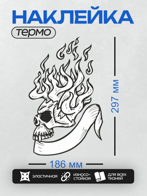 Термонаклейка на одежду DTF / Череп в огне, динамичные линии, черно-белый стиль.