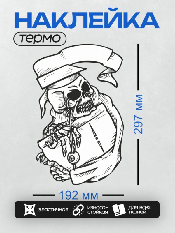 Термонаклейка на одежду DTF / Череп в академической шляпе с трубкой и книгой.