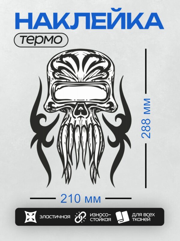 Термонаклейка на одежду DTF / Стилизованный череп в шлеме, окружённый пламенем.