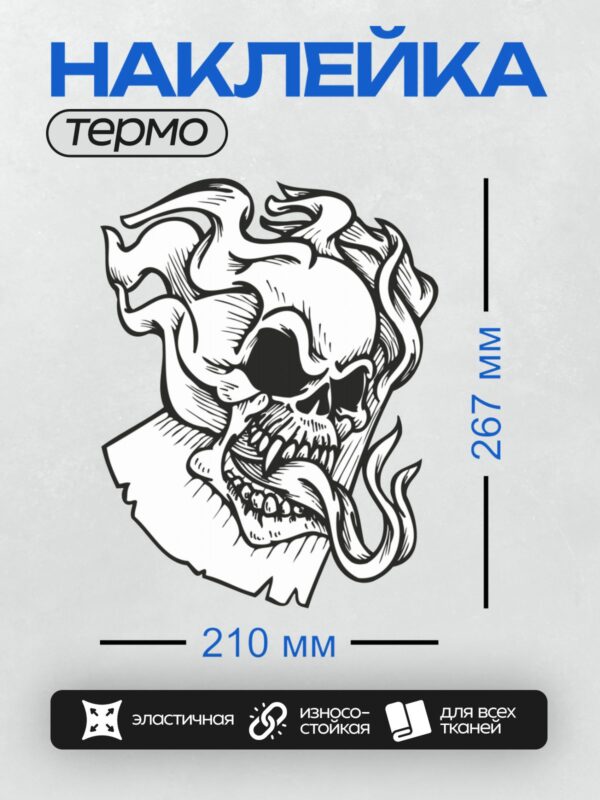 Термонаклейка на одежду DTF / Череп, окружённый динамичными линиями, напоминающими пламя.