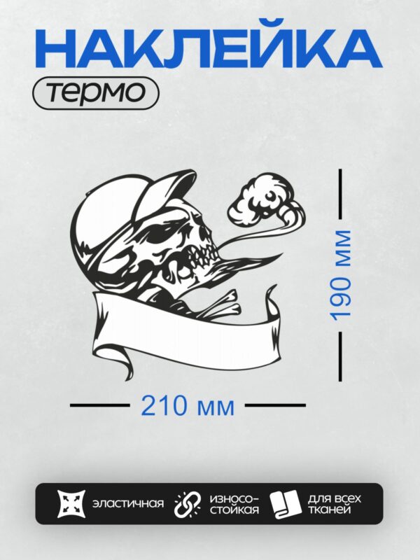 Термонаклейка на одежду DTF / Череп в кепке, с трубкой, окружённый пламенем.