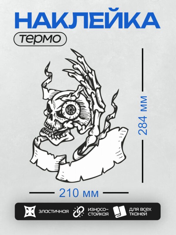 Термонаклейка на одежду DTF / Череп в шлеме, окружённый пламенем и свитком.