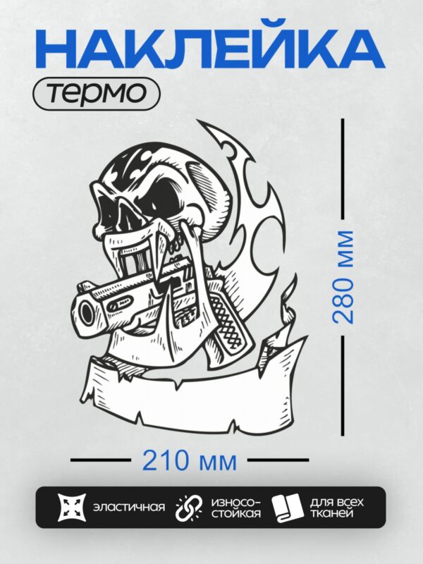 Термонаклейка на одежду DTF / Череп с пистолетом, окружённый пламенем.