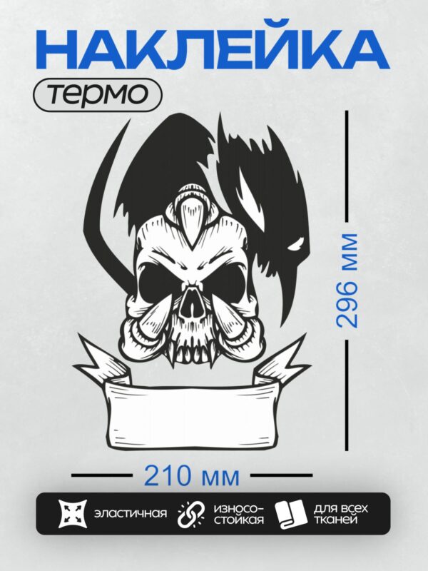 Термонаклейка на одежду DTF / Череп в шлеме, окружённый пламенем и свитком.