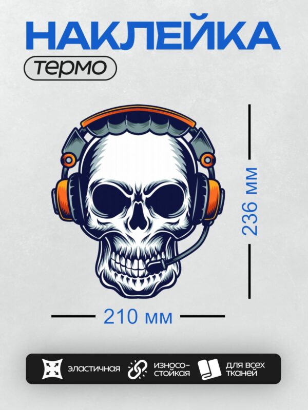 Термонаклейка на одежду DTF / Стилизованный череп в наушниках с микрофоном.