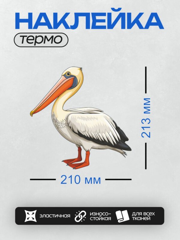 Термонаклейка на одежду DTF / Мультяшный пеликан с длинным оранжевым клювом.