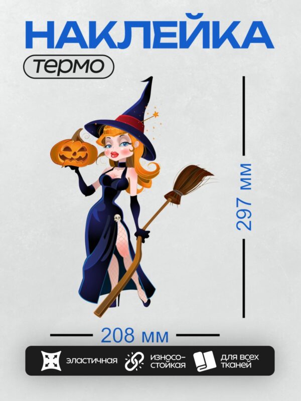 Термонаклейка на одежду DTF / Мультяшная ведьма с тыквой и метлой на Хэллоуин.