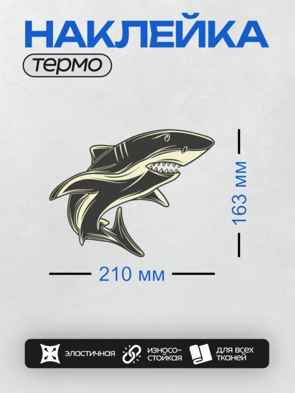 Термонаклейка на одежду DTF / Мультяшная акула с широкой зубастой улыбкой.