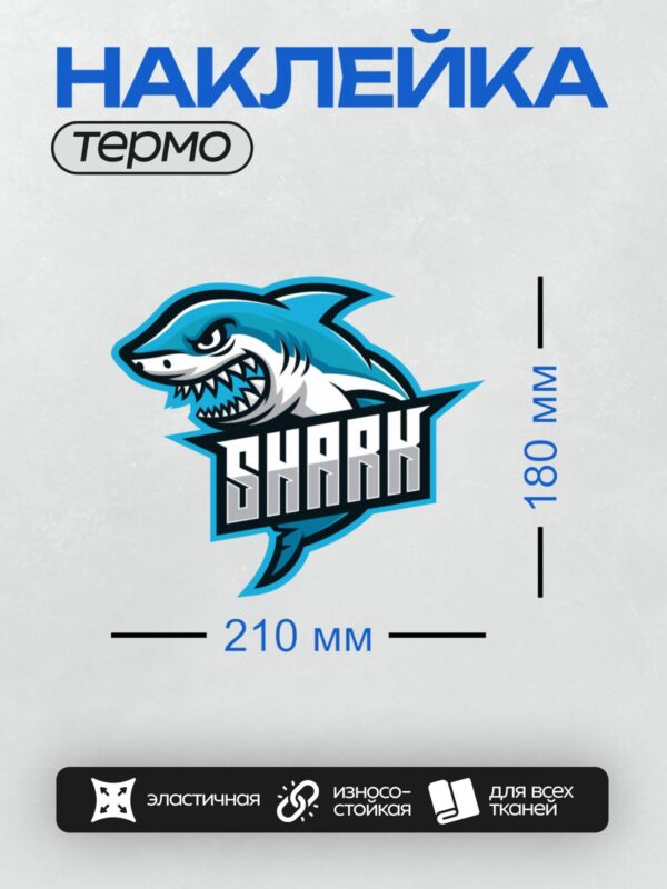 Термонаклейка на одежду DTF / Мультяшная акула с надписью "SHARK" в динамичном стиле.