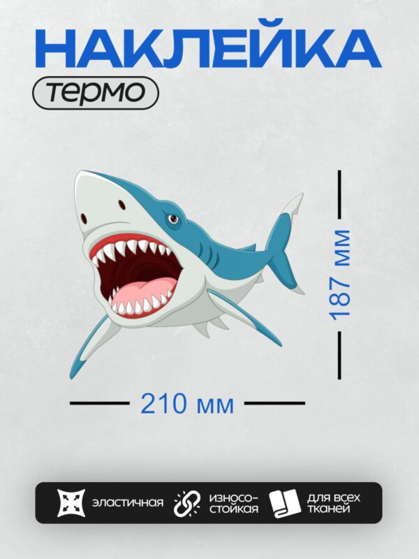 Термонаклейка на одежду DTF / Мультяшная акула с открытой пастью и острыми зубами.