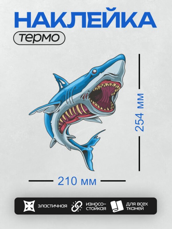 Термонаклейка на одежду DTF / Мультяшная акула с открытой пастью и острыми зубами.