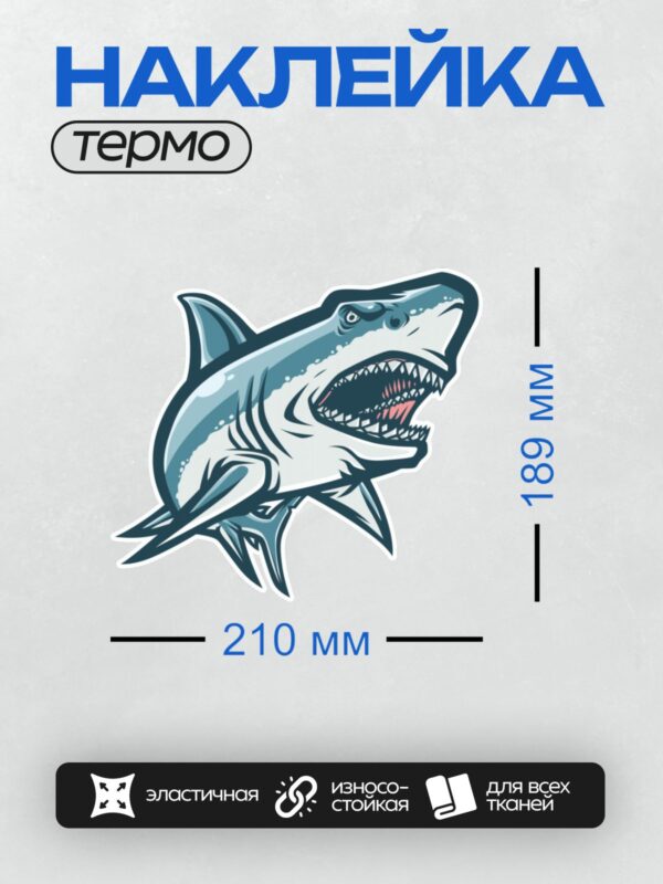 Термонаклейка на одежду DTF / Мультяшная акула с открытой пастью и острыми зубами.