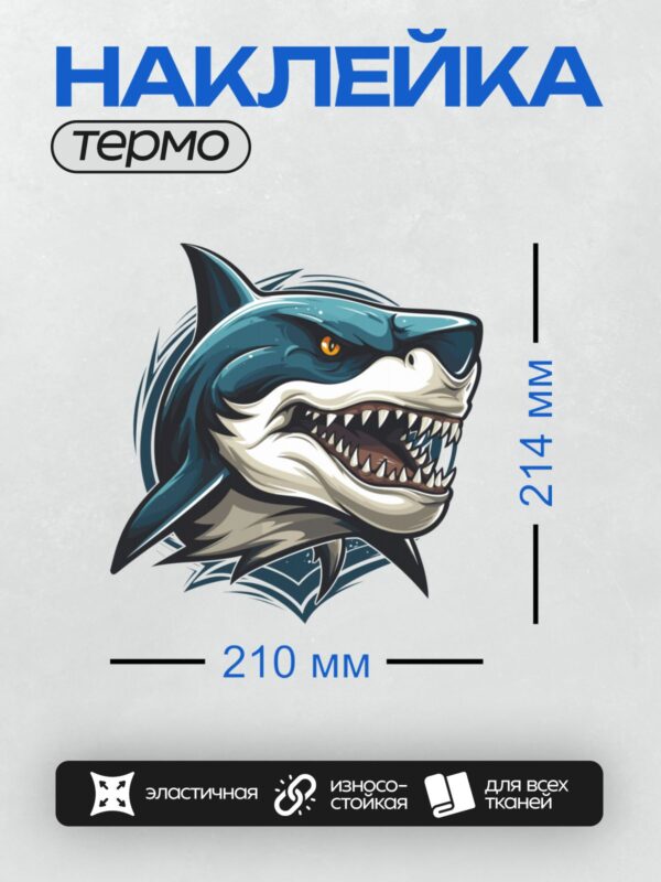 Термонаклейка на одежду DTF / Мультяшная акула с открытой пастью и острыми зубами.