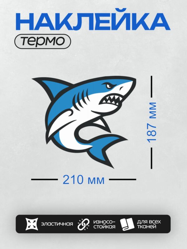 Термонаклейка на одежду DTF / Мультяшная акула с открытой пастью и острыми зубами.