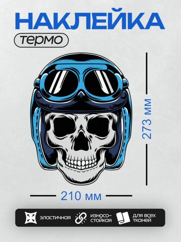 Термонаклейка на одежду DTF / Череп в шлеме с синими очками, стилизованный.