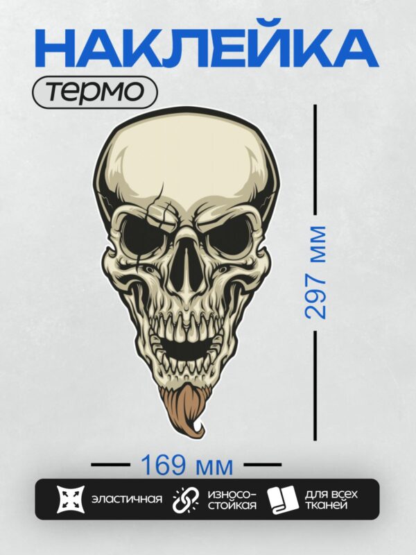 Термонаклейка на одежду DTF / Стилизованный череп с длинной бородой, мрачный и выразительный.