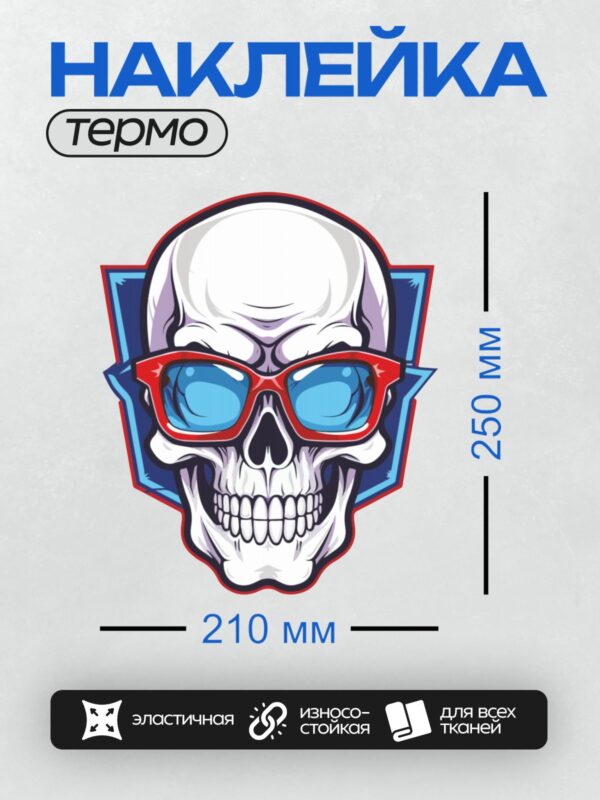 Термонаклейка на одежду DTF / Стилизованный череп в красных очках с синими линзами.
