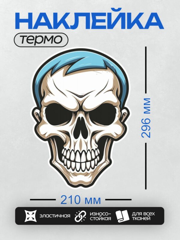 Термонаклейка на одежду DTF / Стилизованный череп с синими волосами.