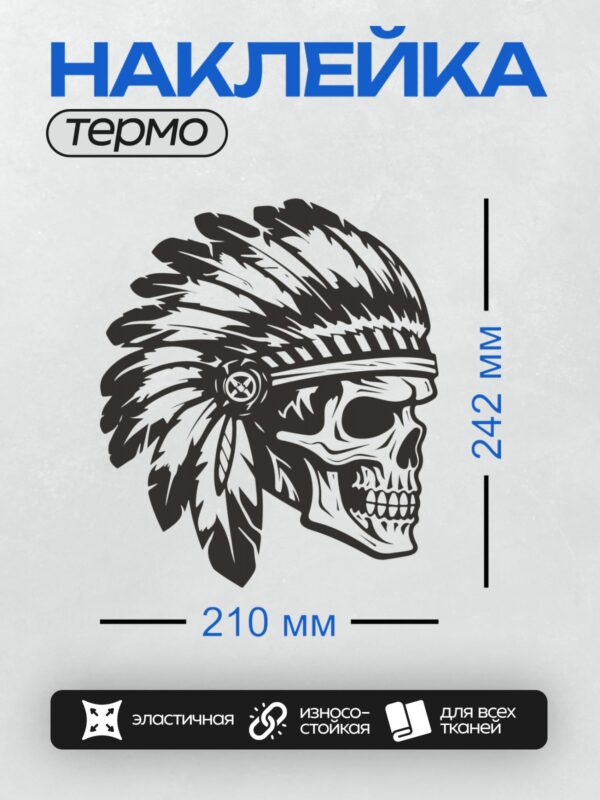 Термонаклейка на одежду DTF / Череп в индейском головном уборе с перьями.