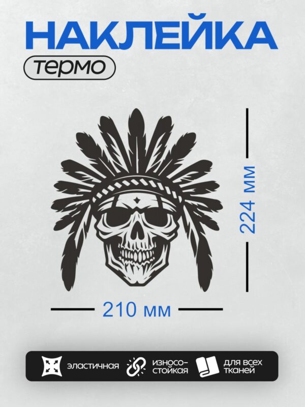 Термонаклейка на одежду DTF / Череп в индейском военном чепце с перьями.