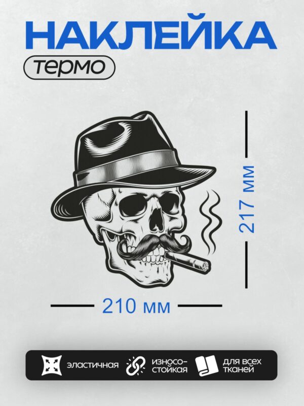 Термонаклейка на одежду DTF / Череп в шляпе с усами и сигарой, стилизованный.