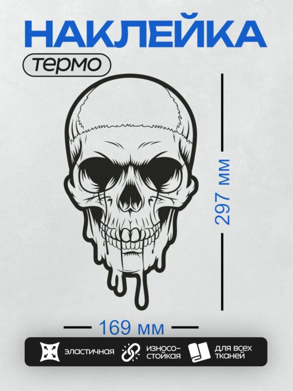 Термонаклейка на одежду DTF / Черно-белый череп с эффектом таяния.