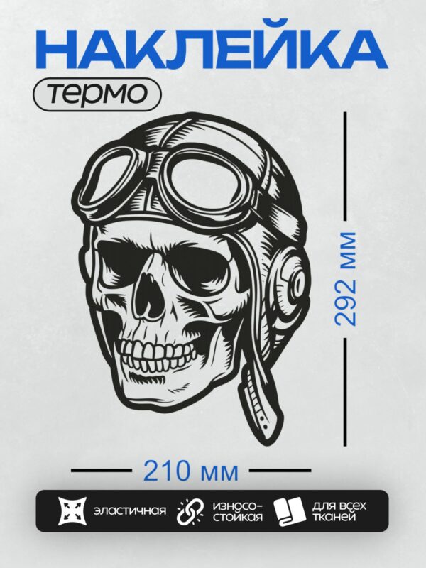Термонаклейка на одежду DTF / Череп в шлеме с очками, выполненный в стиле ретро.
